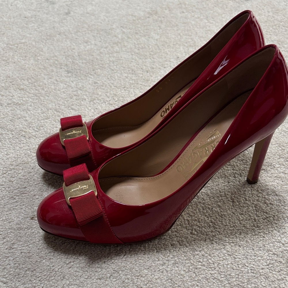 Salvatore Ferragamo Red Patent Leather Bow Pumps
